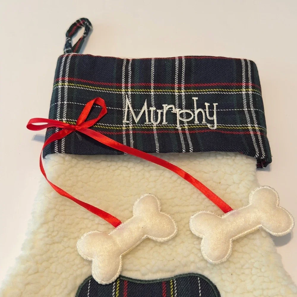 Dog Paw Christmas Stocking Sherpa Plaid Murphy Personalized Holiday Decor 15in